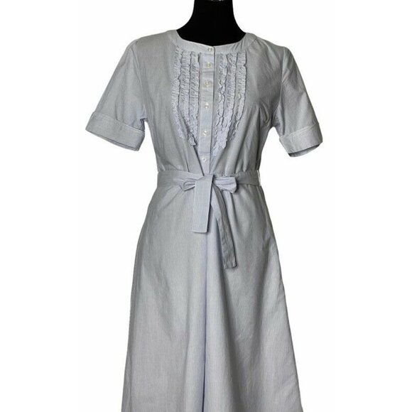 Merona Womens Shirt Dress White Blue Stripe Belted Ruffle‎ Short Sleeve 8 New - Picture 3 of 10